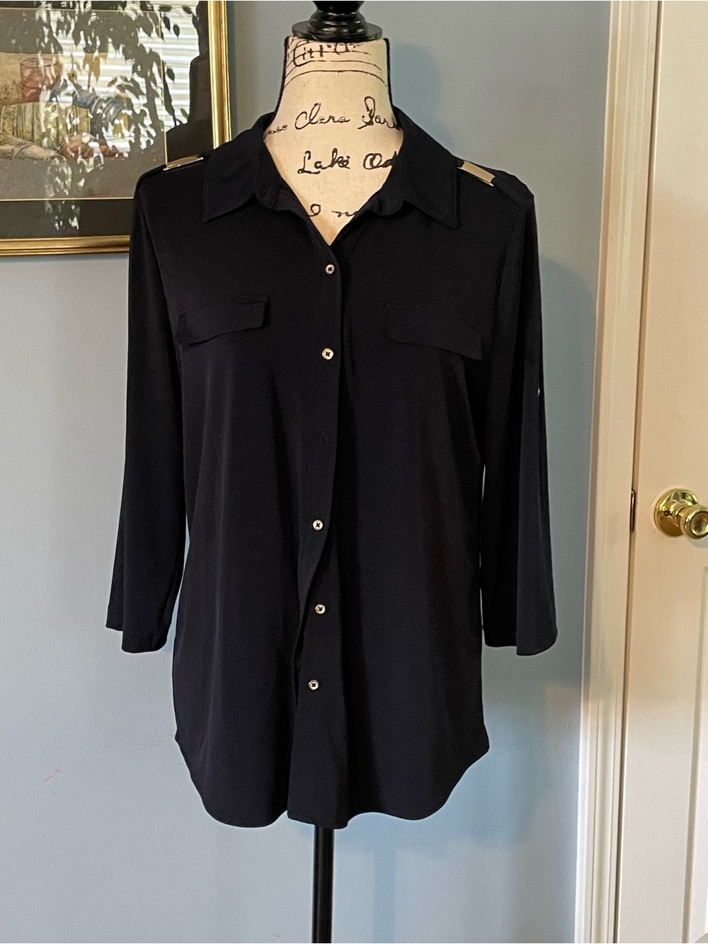 Navy Women's Button-Up Shirt with Epaulet Detail